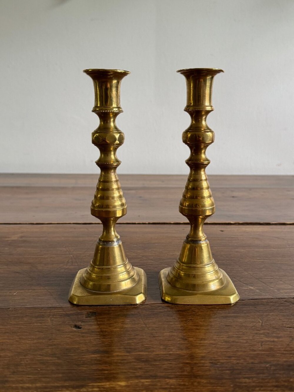 Vintage English Brass Candleholders Mixed Pair